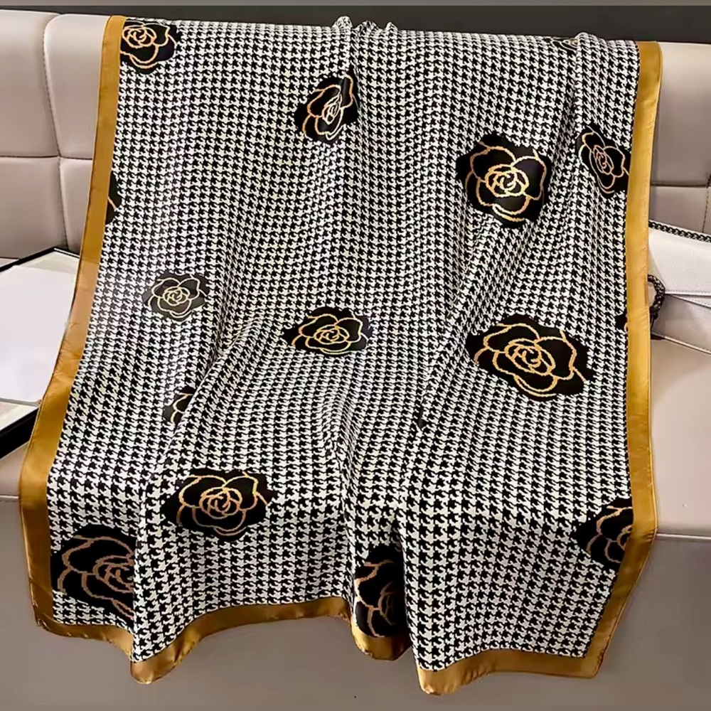 🖤 Long Wrap Black & White Floral Houndstooth Scarf | Gold Accents